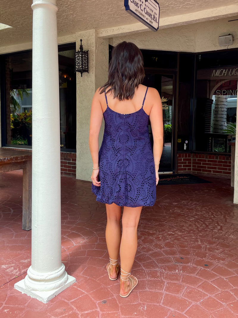 navy blue eyelet dress Navy Eyelet Short Dress