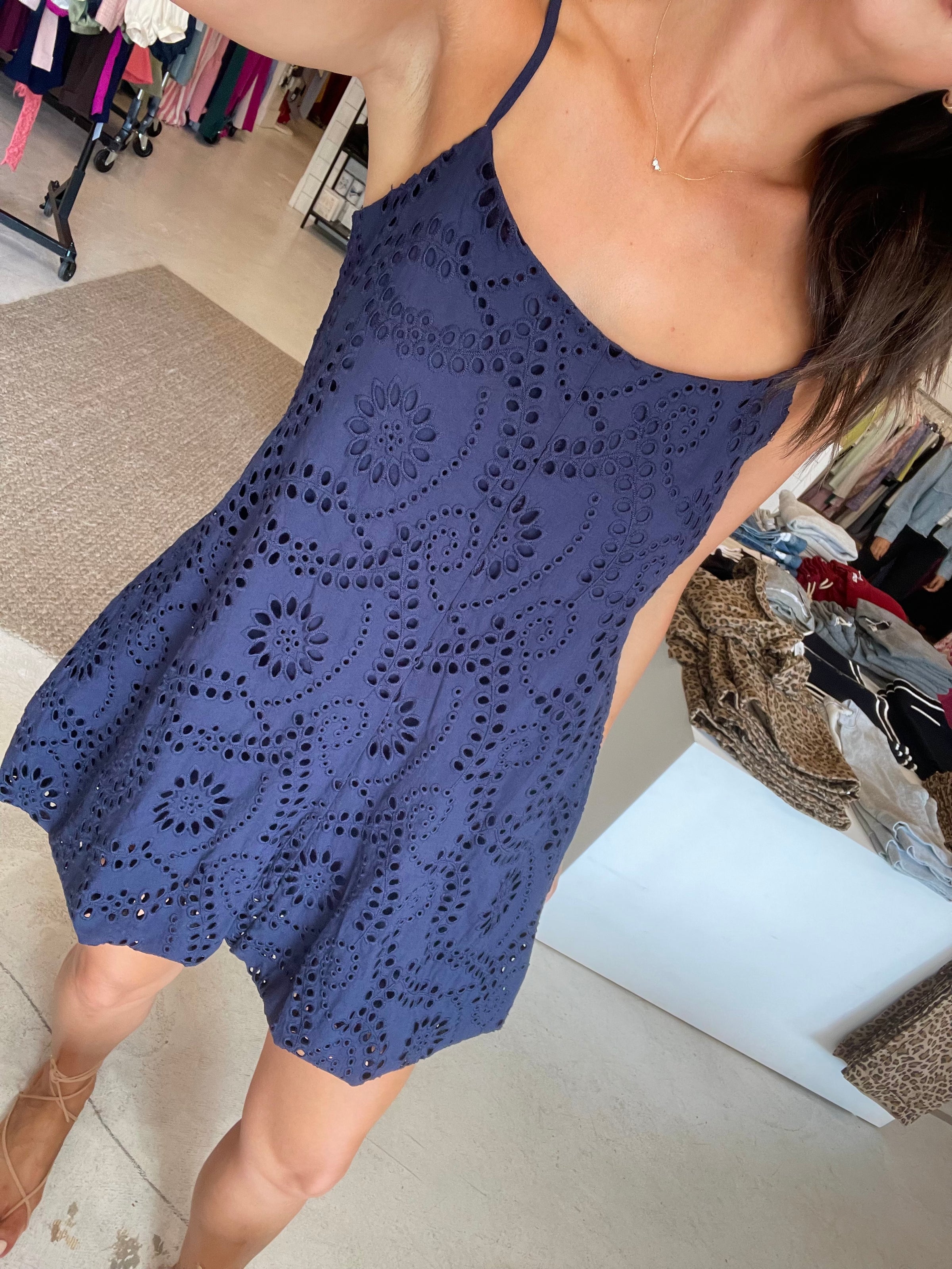 old navy blue eyelet dress Old Navy Scalloped-Yoke Eyelet Shift Dress,Blue Stripe SIZE LP L P #144721 N0104