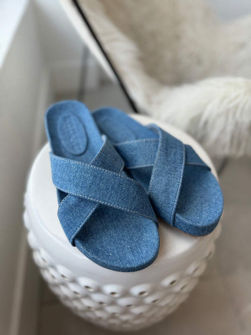 Denim Crossover Slides