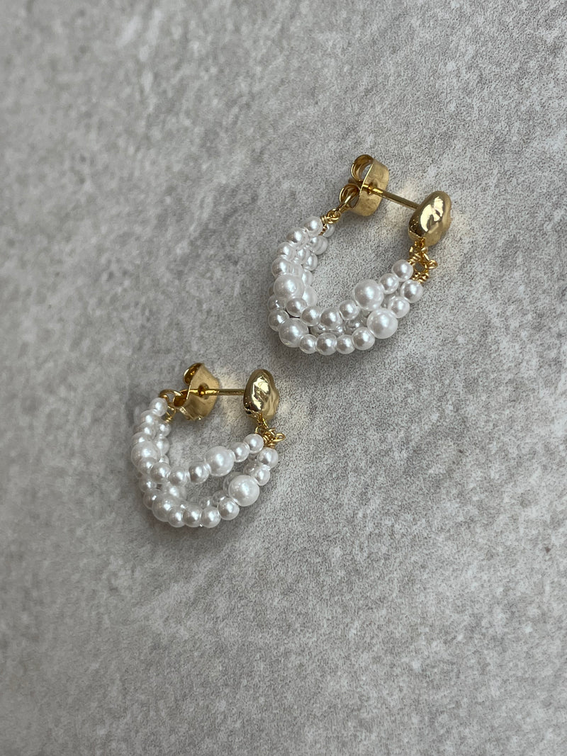 Huggie with Triple Row Glass Pearl Earrings