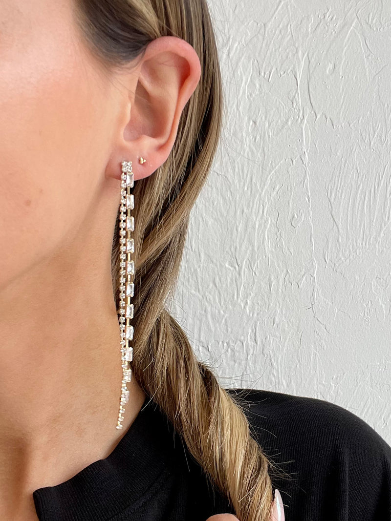 Mixed Round + Baguette Double Linear Hanging Earrings