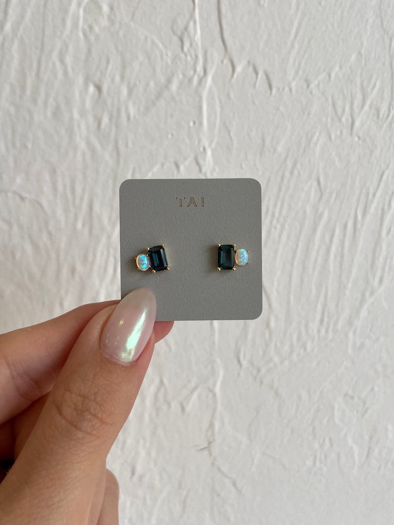 Sapphire + White Opal Post Earrings
