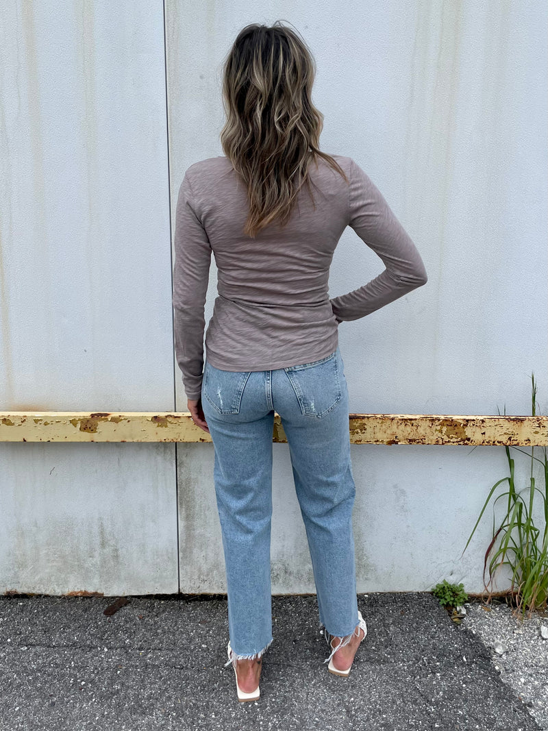 Supima Slub L/S Shirred Top / Mocha
